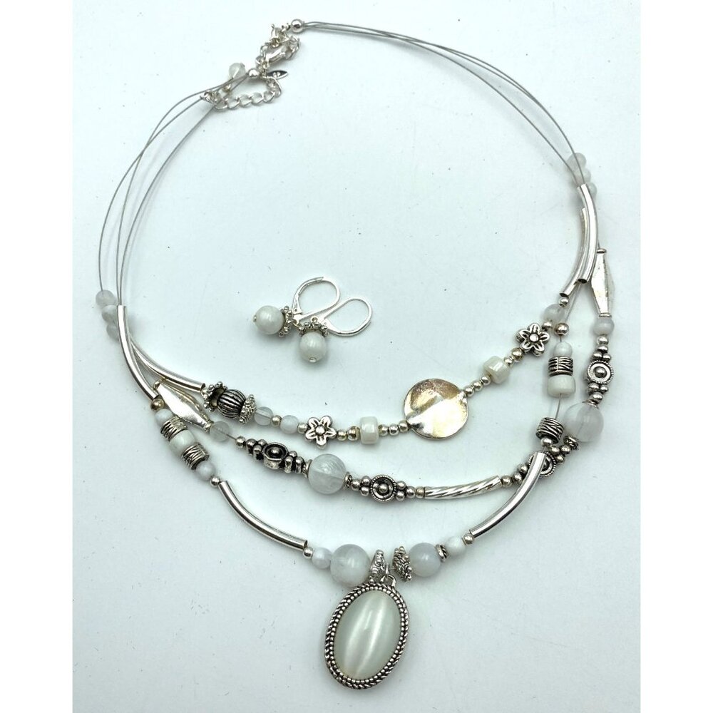 Avon Necklace Earrings Beaded Multi-Strand 14 Inches Pierced Silver White Lobste